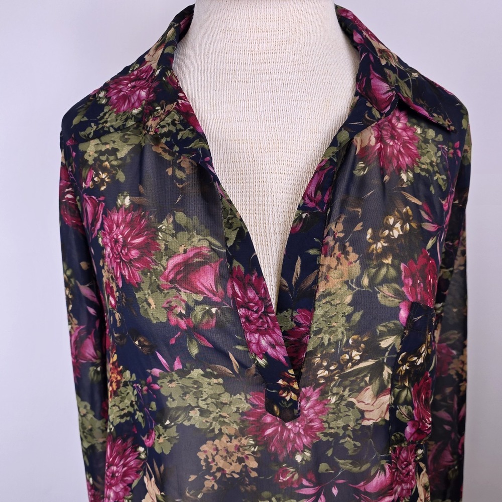 Pleione Women's Popover Blouse Top M Floral Long Sleeve Collar Sheer Romantic - Picture 3 of 11